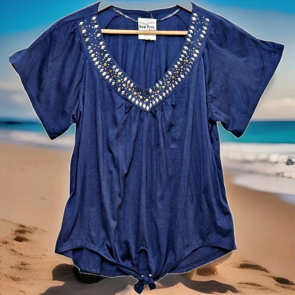 New York Laundry Top Navy Blue Tie Front Embellished Neckline Tunic Size Large